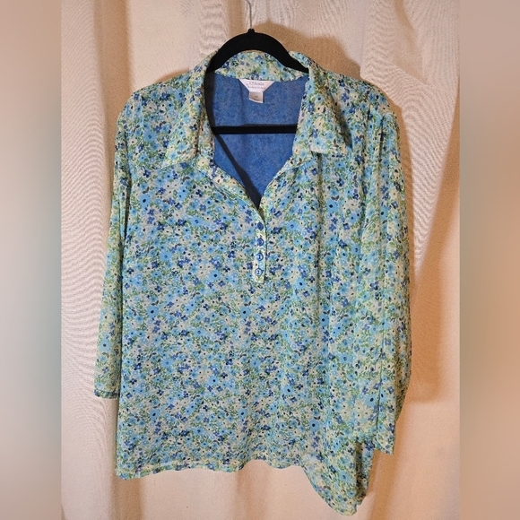 Christopher & Banks Tops - Christopher & Banks Blue and Green Lined Sheer Floral Top